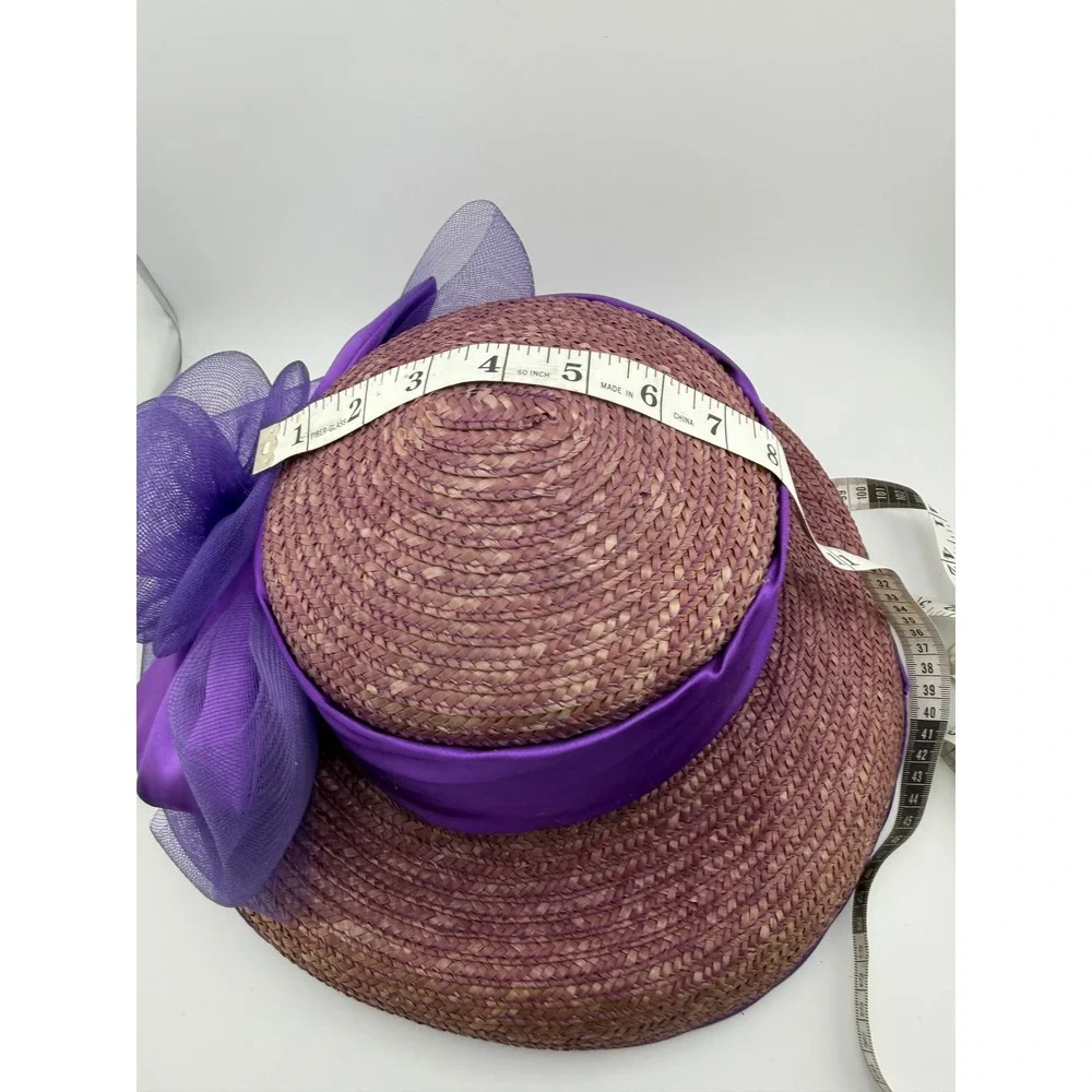 Vintage Purple Straw Cloche Hat Satin Bow Tulle Flower‎ Tea Party Church Wedding